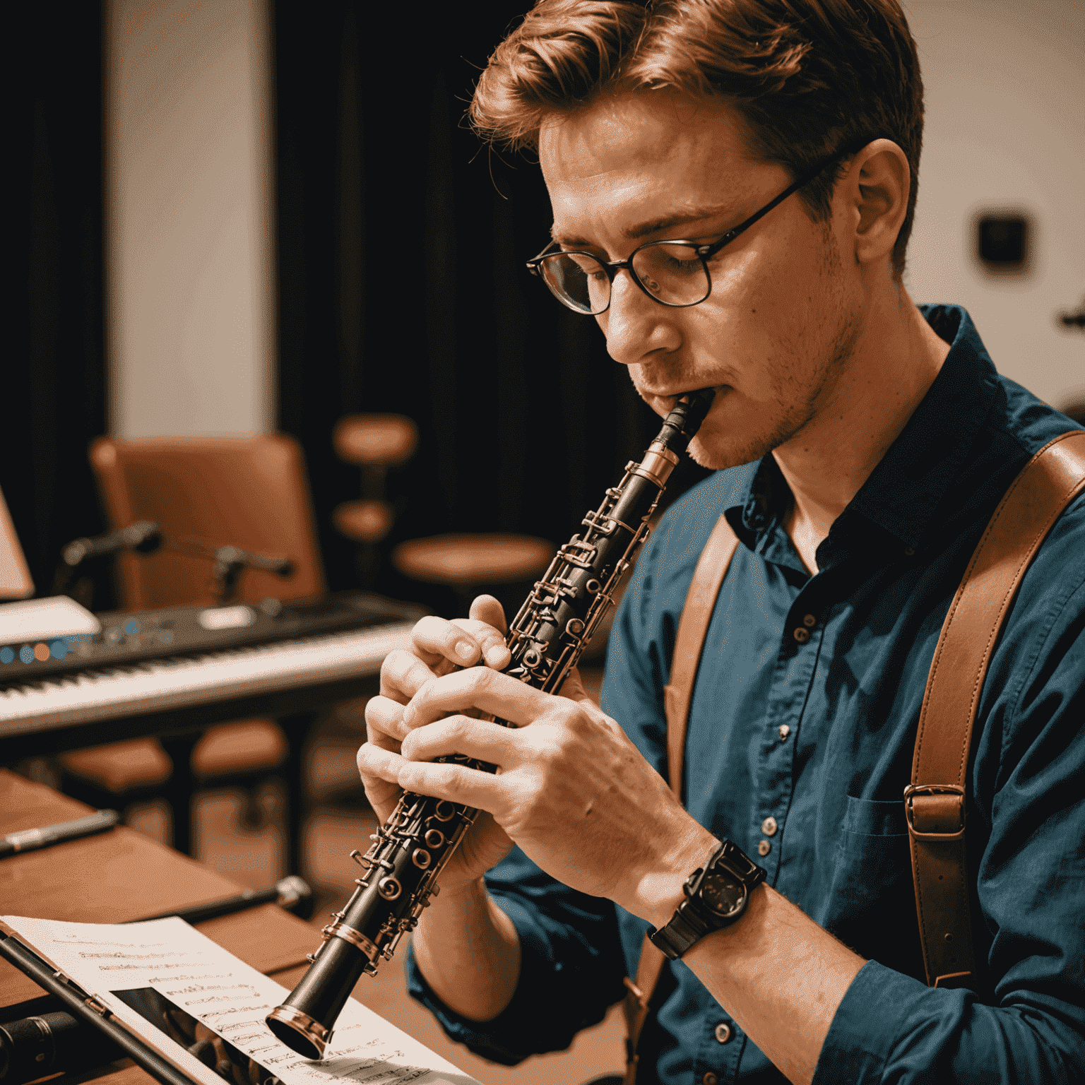 A beginner woodwind player using a smart tuning device on their instrument, with visual pitch indicators displayed on a nearby smartphone