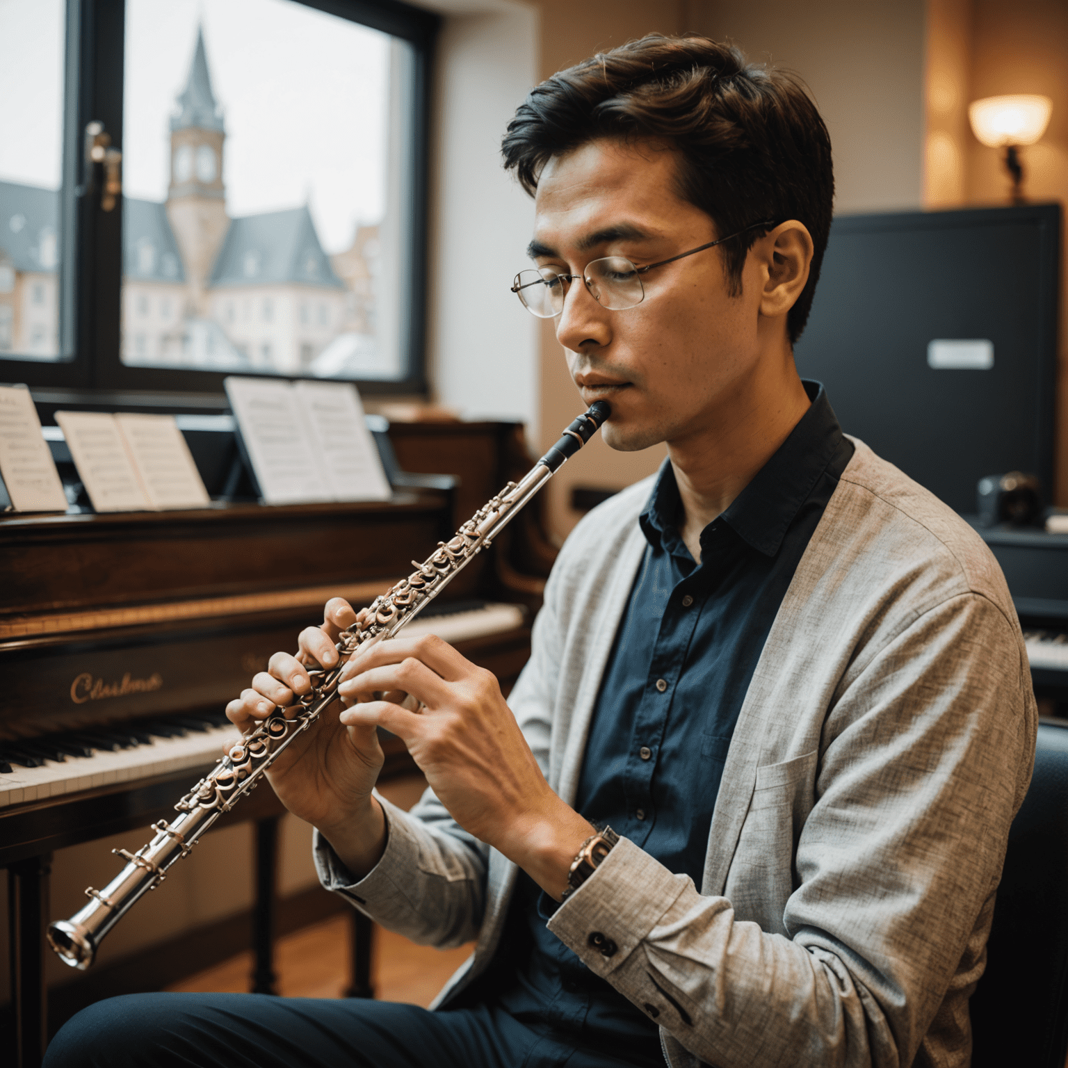 A professional flutist using a smart tuning device while practicing, the device displays real-time pitch information on its screen
