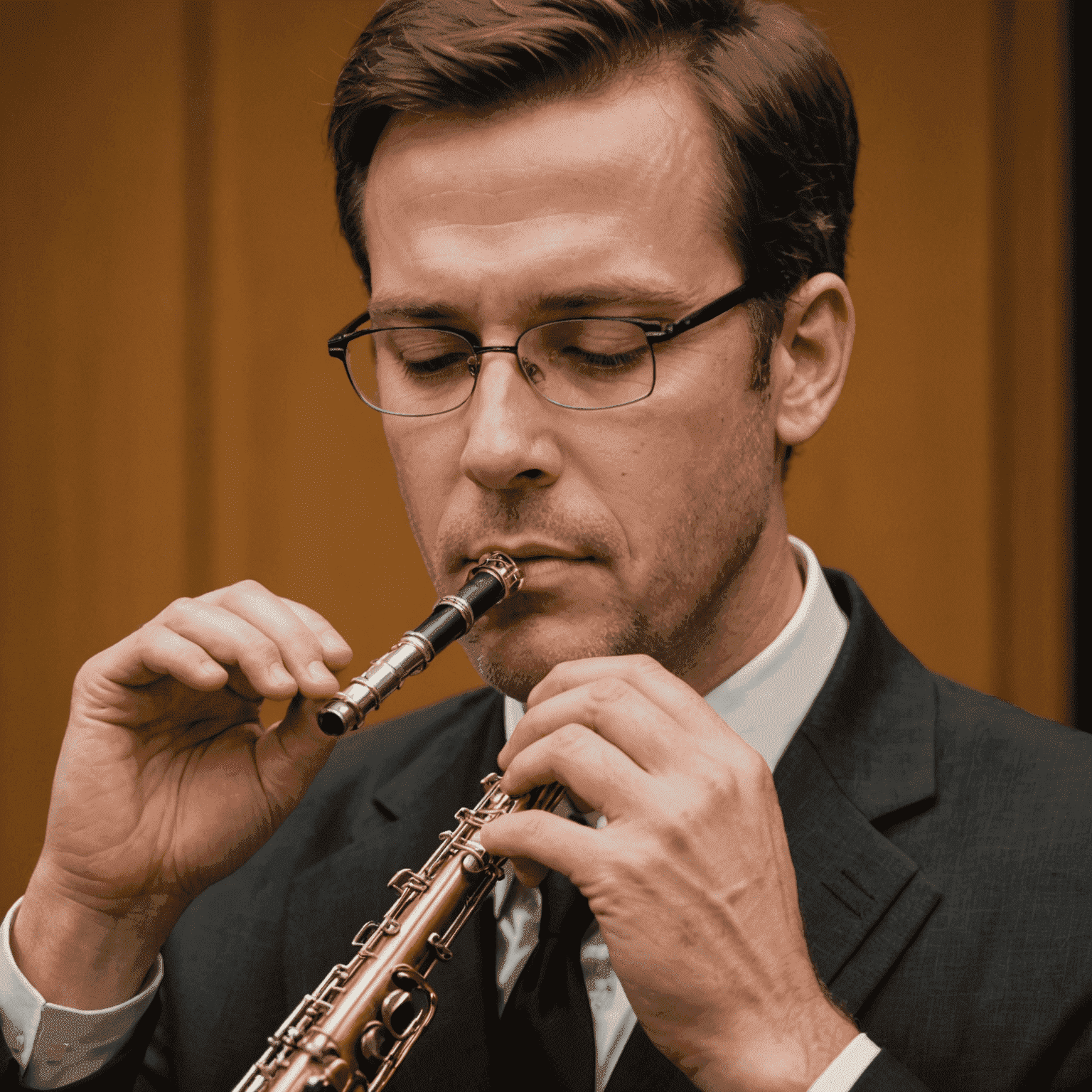 A musician demonstrating proper embouchure technique on a woodwind instrument, focusing on lip position and jaw alignment