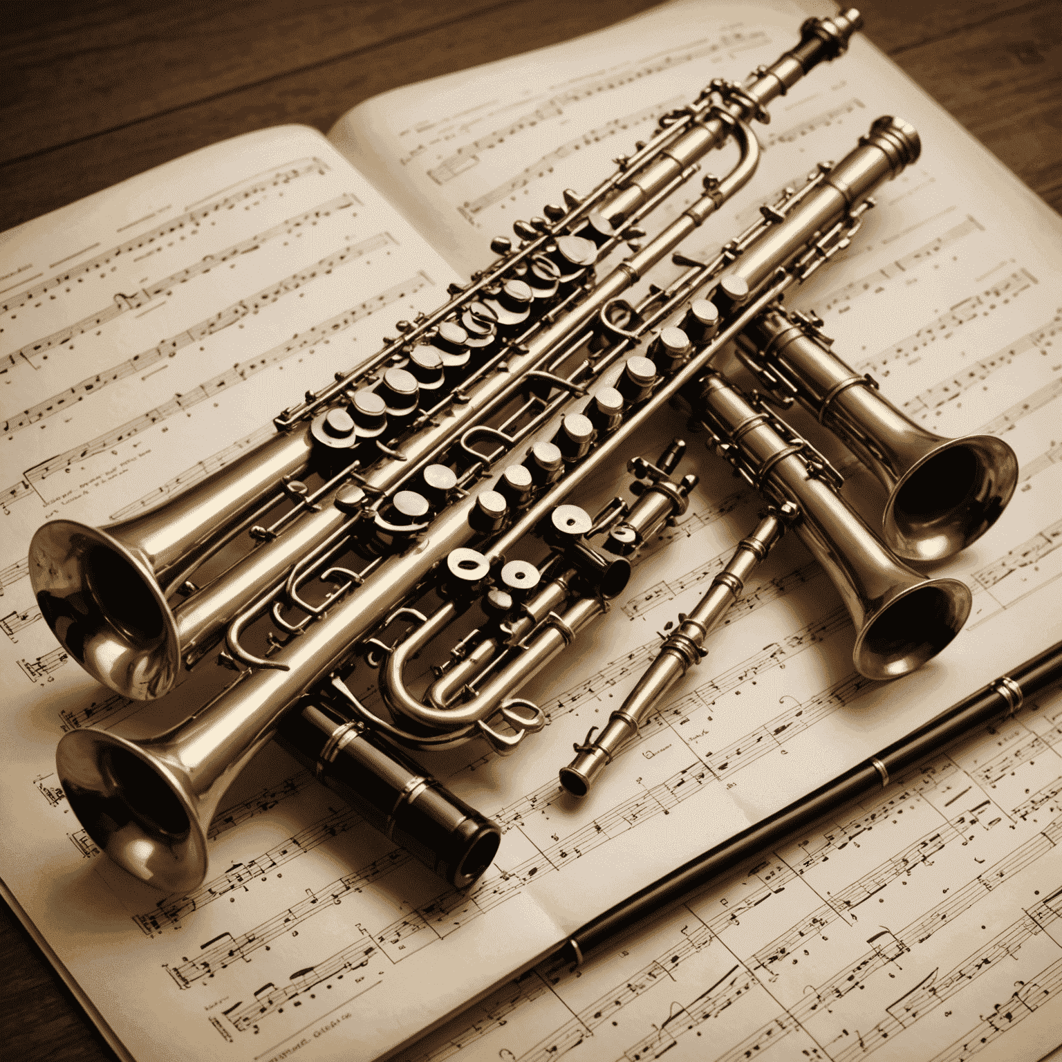 A collection of woodwind instruments including flute, clarinet, and saxophone arranged on a music stand with sheet music