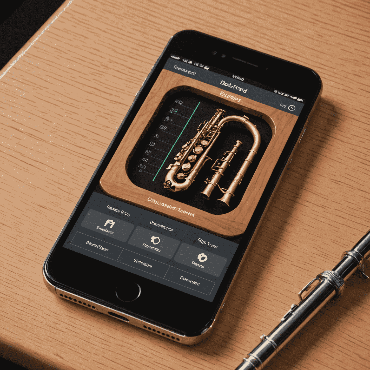 Smartphone app interface showing woodwind tuning features, pitch detection, and instrument-specific advice