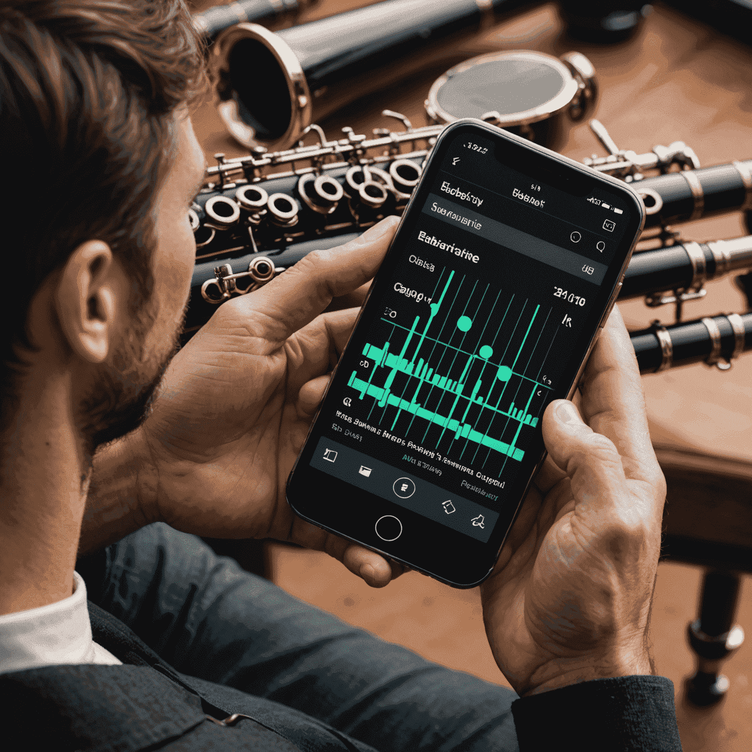 A musician using a smartphone app to tune a clarinet, with the app displaying advanced tuning analytics on the screen
