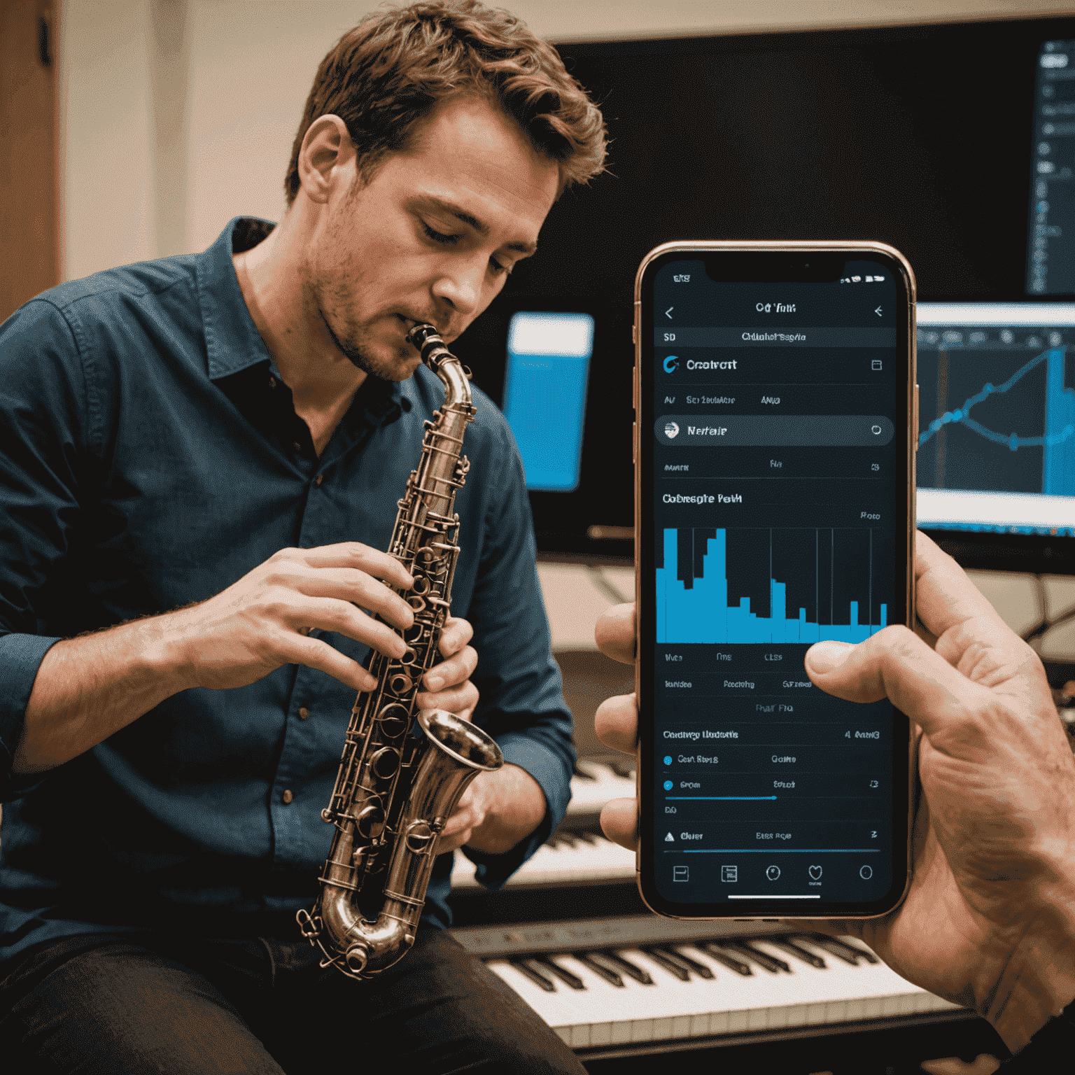 Split-screen image showing a clarinet player using a smart tuning app on the left, and the app's detailed frequency analysis on the right