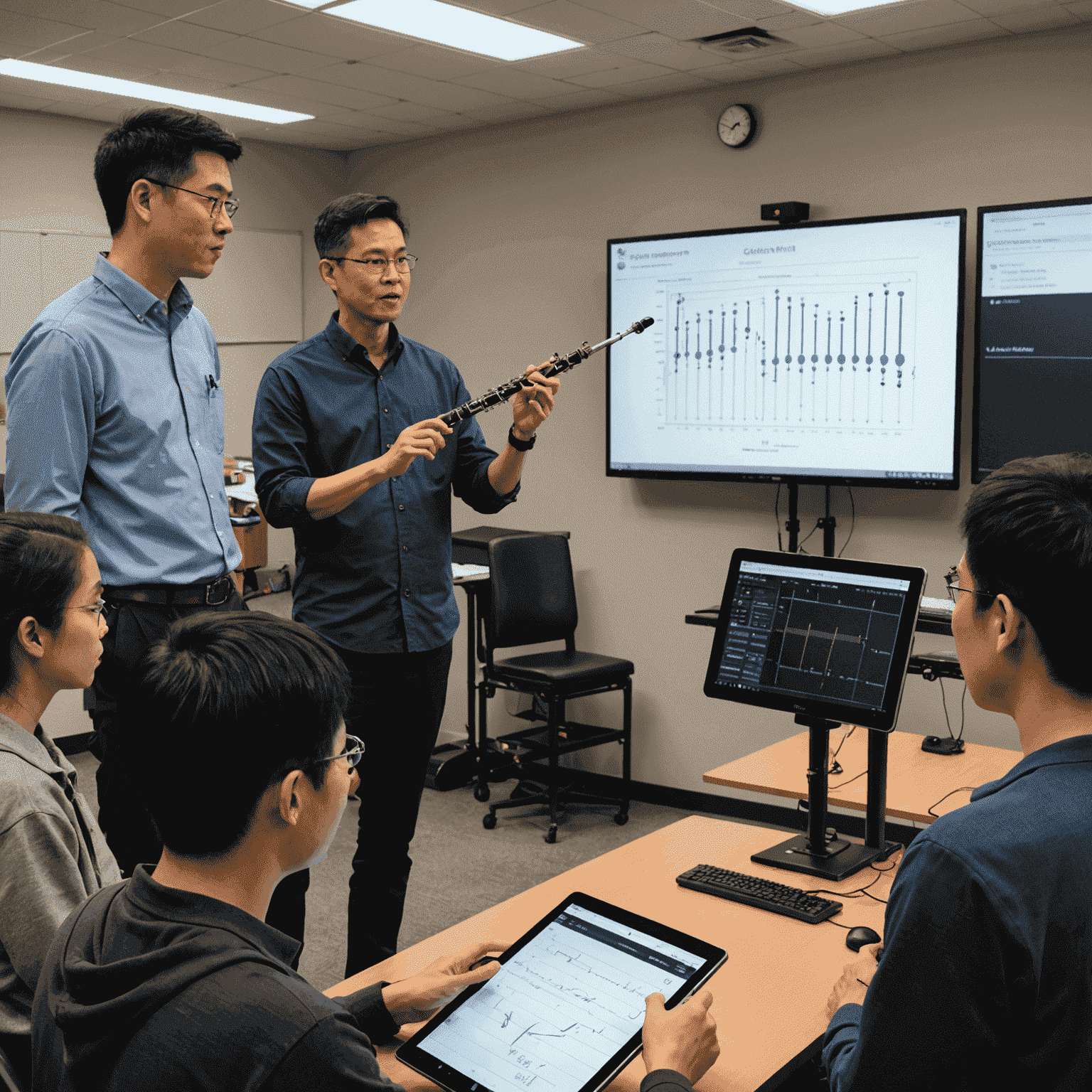Dr. Chen demonstrating a smart tuning app to a group of clarinet students, pointing to a large screen showing pitch analysis
