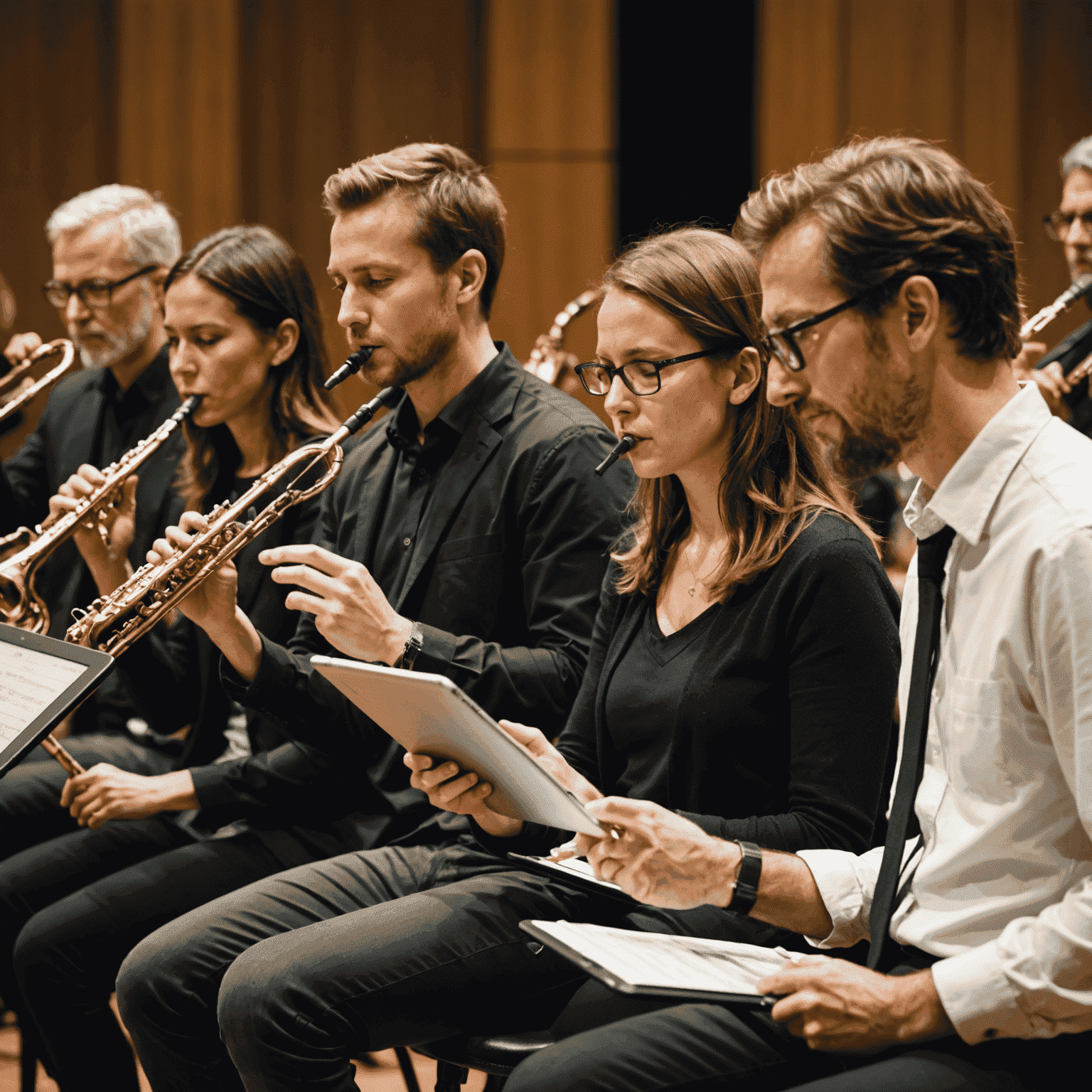 A group of woodwind musicians in an orchestra, using tablet devices with the pitch analysis app during rehearsal.