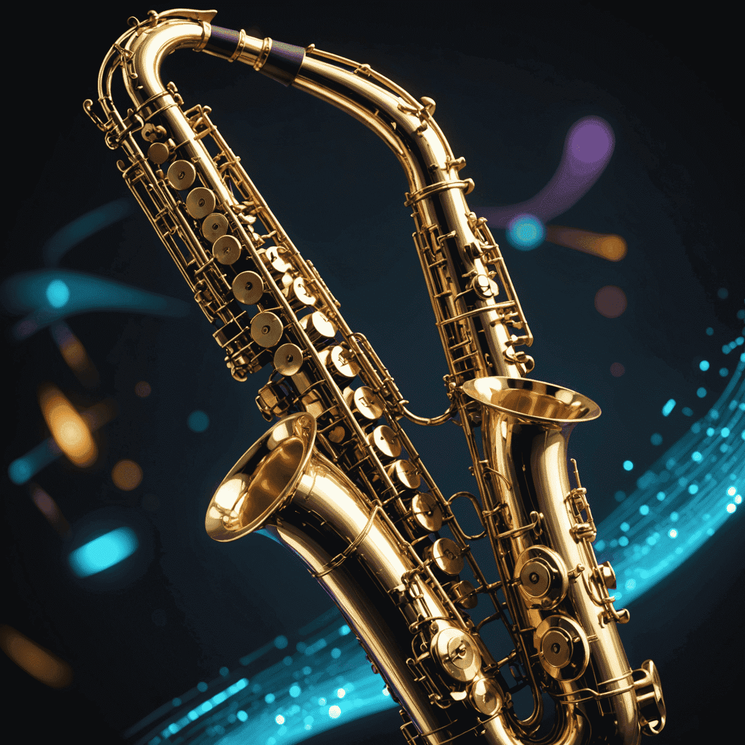 A futuristic concept image showing a holographic tuning interface floating above a saxophone, representing the potential future of woodwind tuning technology