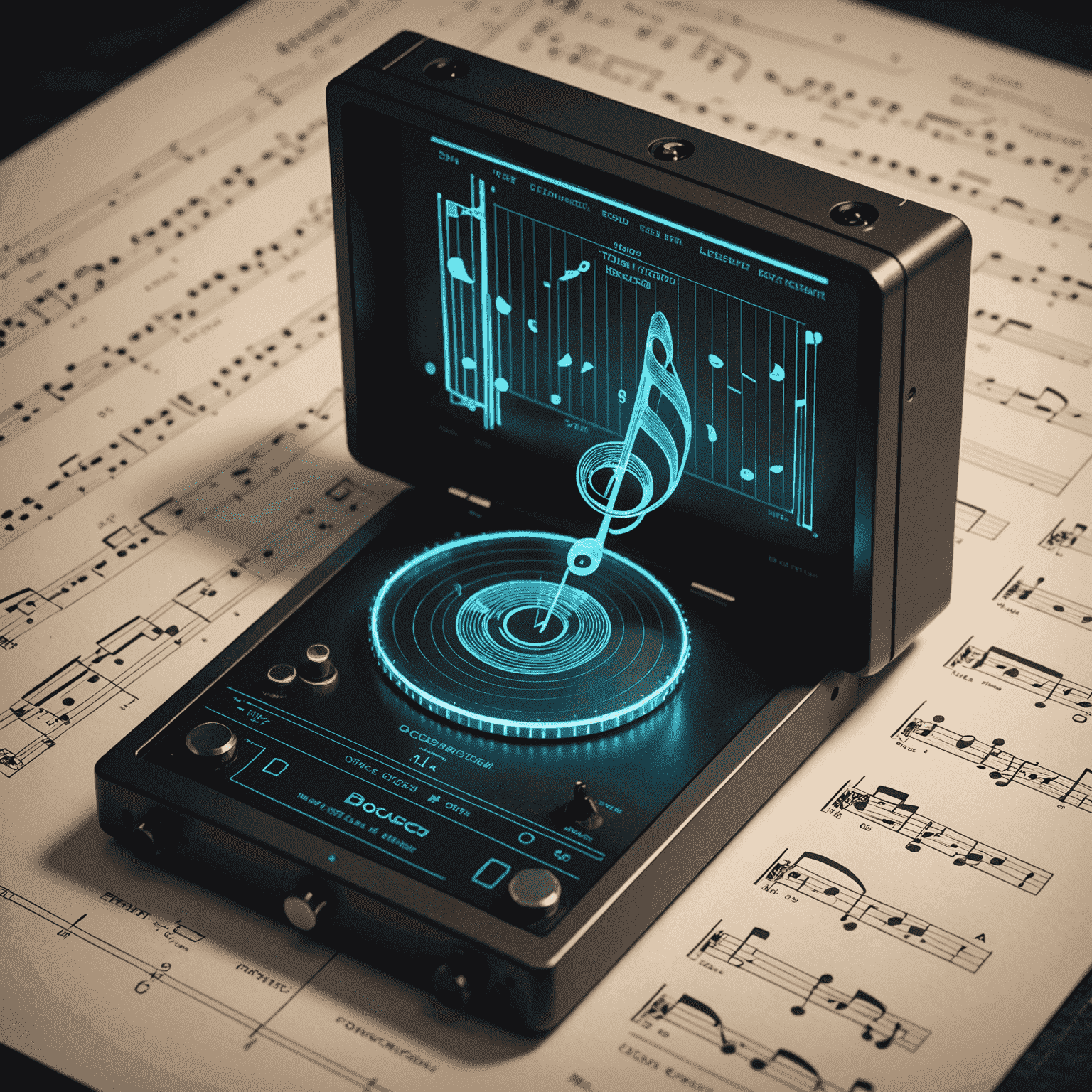 Futuristic concept of a holographic tuner projecting pitch information directly onto a musician's sheet music