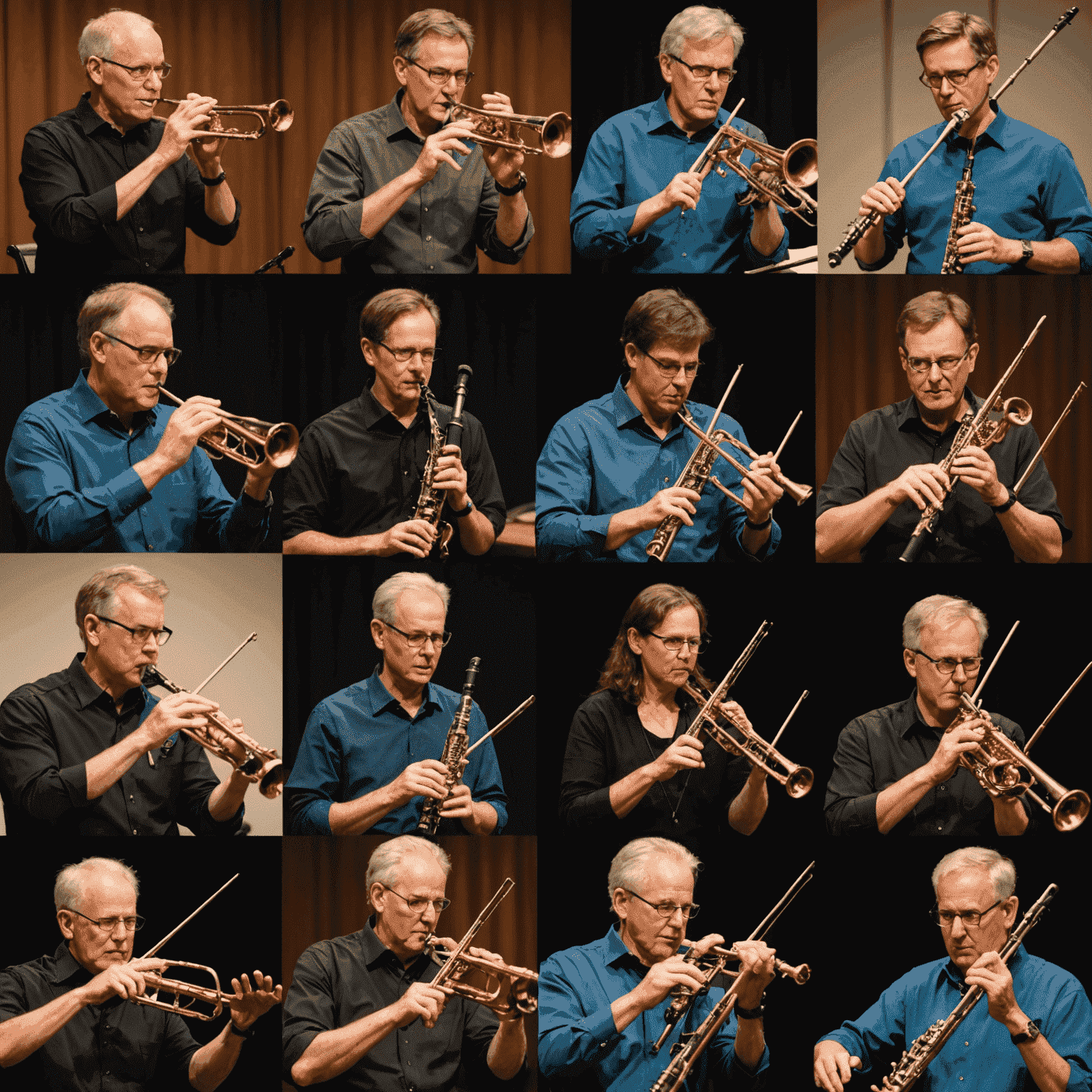 A collage of professional woodwind musicians demonstrating various smart tuning tools in a studio setting