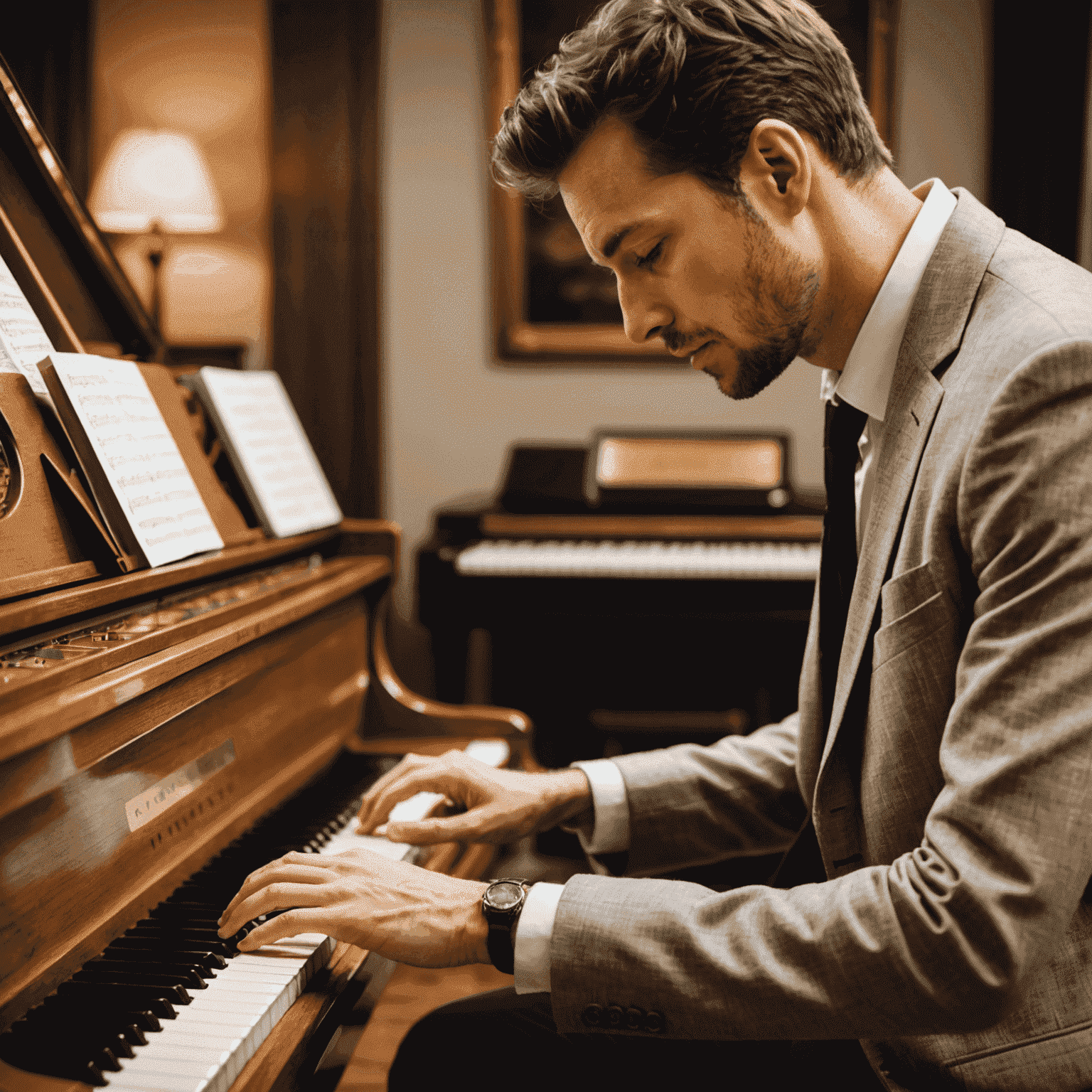 Musician engaged in ear training exercises with a piano or digital tuner